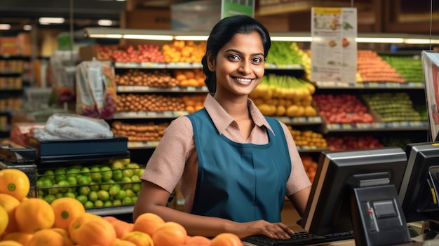 Young and confident female cashier standing at supermarket
