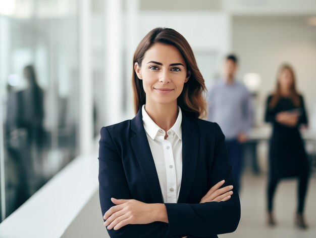 Young confident female entrepreneur posing smiling at camera whit their team