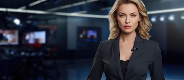 Young confident female in smart dress female TV news anchor posing at studio camera near