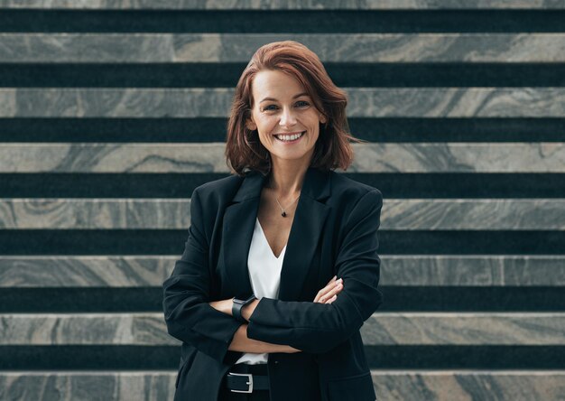 Photo young confident middleaged woman with crossed arms standing outdoors and smiling