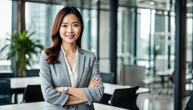 Photo young confident smiling asian business woman leader successful entrepreneur elegant