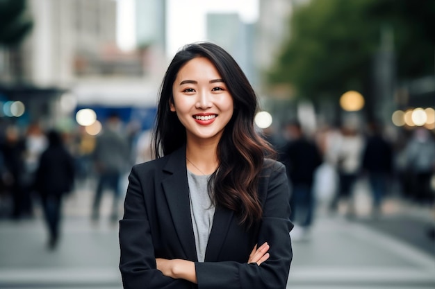 Photo young confident smiling asian korean business woman standing on street entrepreneur wearing suit posing with arms crossed looking at camera in big city outdoors