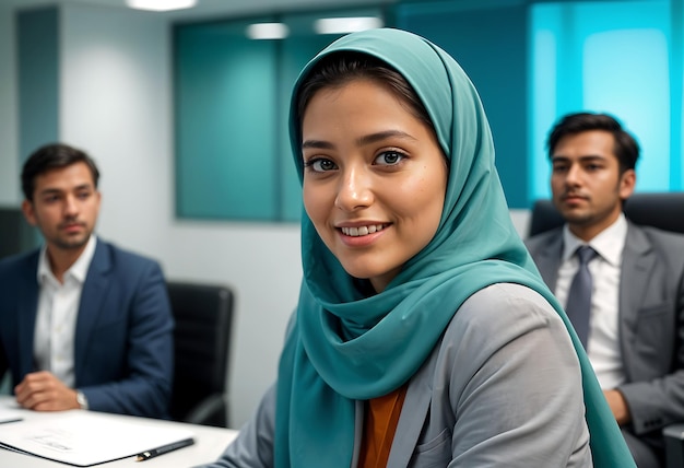 Photo a young confident woman wearing a green hijab smiling in an office setting