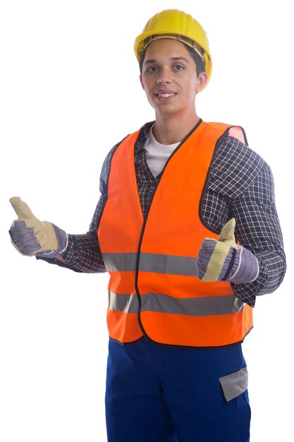 young construction worker job thumbs up isolated