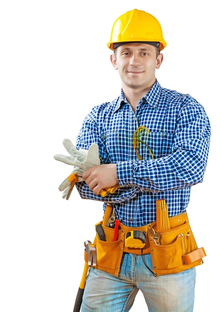 Young construction worker portrait isolated