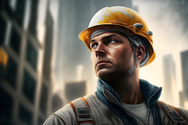 Young construction worker portrait with safety helmet on a construction site Neural network generated art