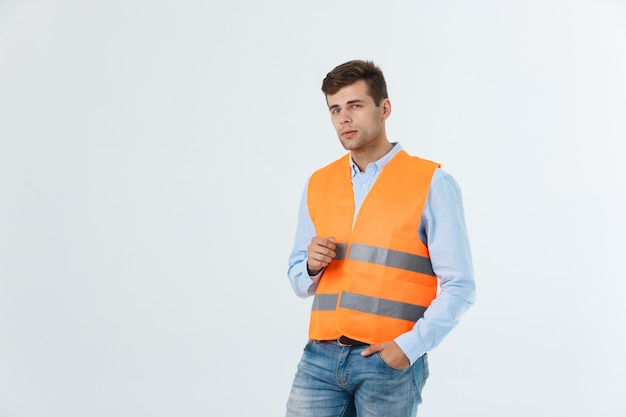 Young construction worker with expression