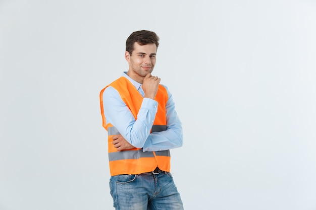 Young construction worker with expression