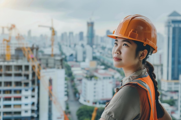 Young construction worker woman in hard hat in city