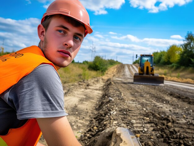 写真 道路工場で働く若い労働者 振り返ってみる