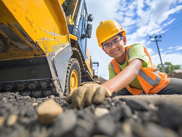 young construction worker working on road and look back