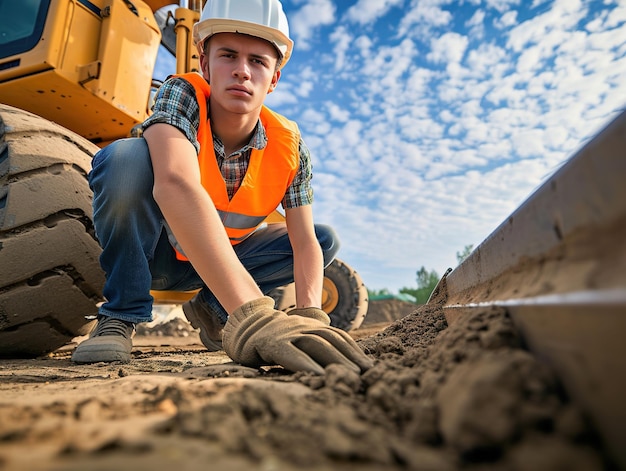 Photo young construction worker working on road and look back