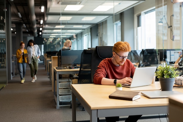 Young contemporary businessman in eyeglasses looking at laptop display while sitting by desk and surfing in the net for online materials