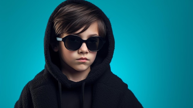 A young cool boy wearing a black hoodie against a blue background