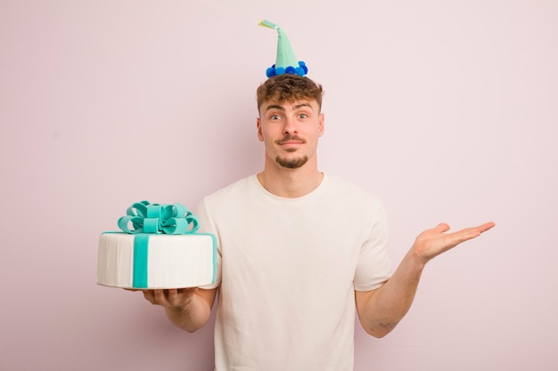 Young cool man feeling puzzled and confused and doubting birthday concept