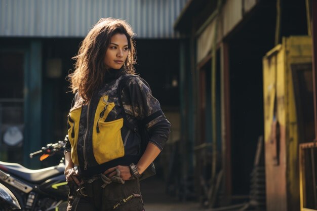 Young cool woman with long hair wearing motorcycle gear and helmet yellow and black colors AI Genera