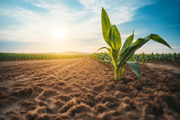 Young corn growing in dry environment