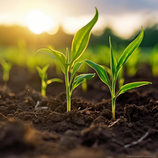 Young corn seedling growing in the Field