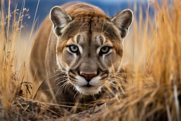 Young cougar crouched in tall grass