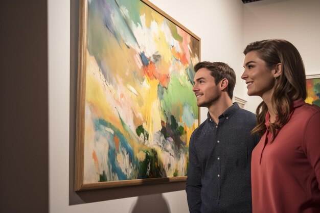 A young couple admiring a painting by the artist created with generative ai