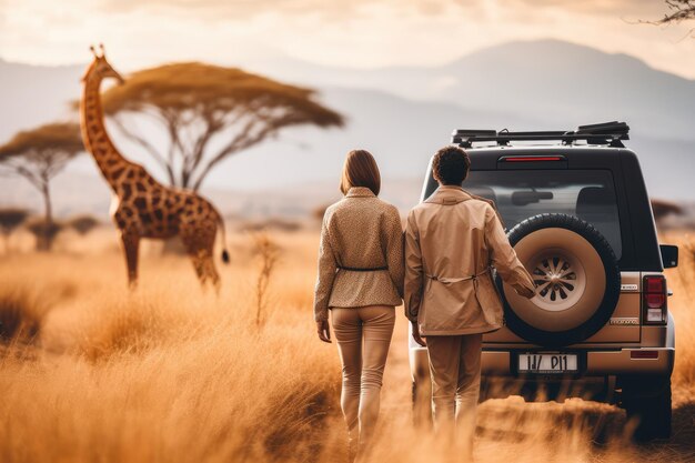 Photo young couple on african safari walking