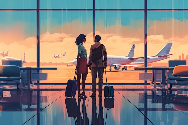 Молодая пара в аэропорту Концептуальное искусство в отпуске и путешествии