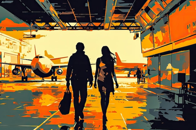 Young couple at the airport Conceptual artwork on holidays and travel