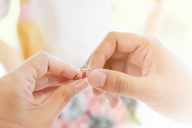 Young couple are wearing a wedding ring.