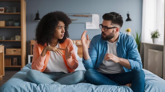 Photo young couple arguing on bed in bedroom