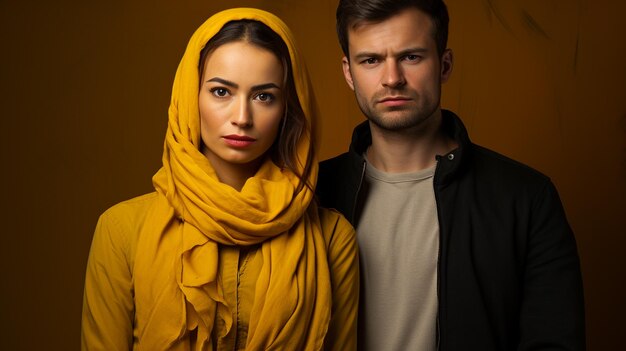 Young couple in autumn clothes looking at camera