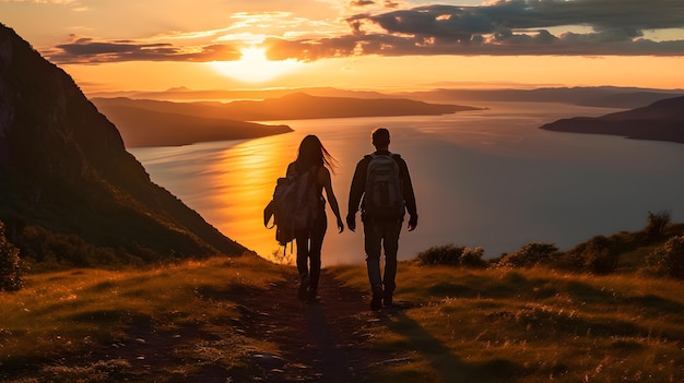 Young couple backpack standing at the mountain watching sunset