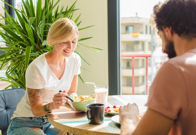 Young couple breakfast concept