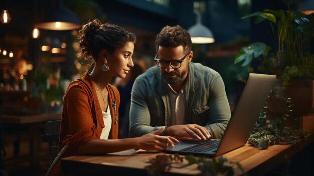 young couple of businesswoman and businessman in cafe