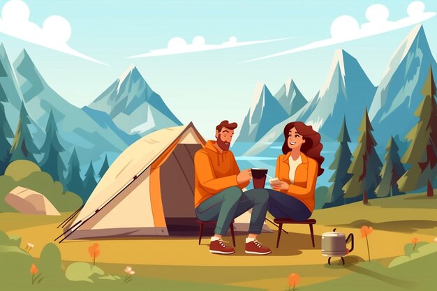 Photo young couple camping at mountains cartoon vector