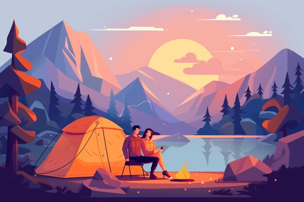 Young couple camping at mountains cartoon Vector