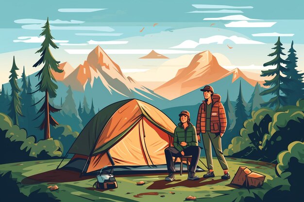 Young couple camping at mountains cartoon Vector