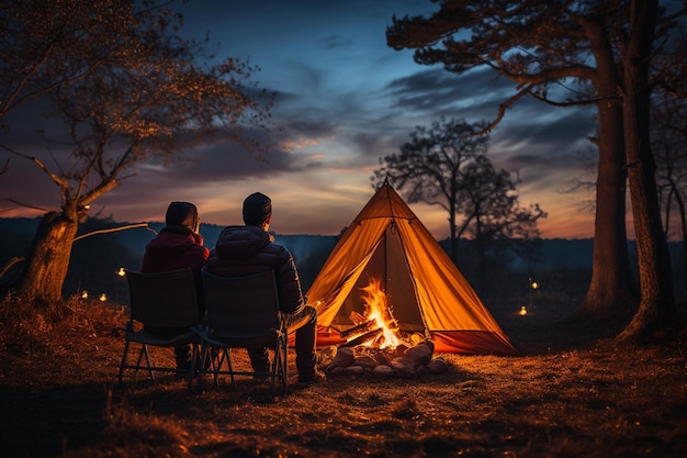 夜に山でキャンプをする若いカップルがキャンプファイヤーの近くに座り、夜空を眺める生成AI