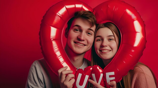 젊은 부부는 심장 모양의 풍선으로 사랑을 축하합니다. 캐주얼 재미 발렌타인 컨셉 행복한 순간 인공지능이 포착했습니다.