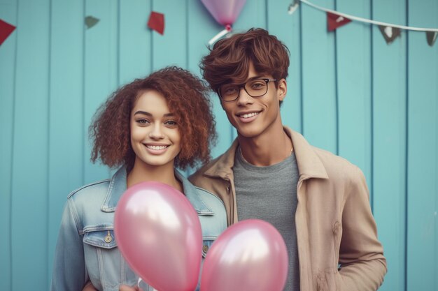 Photo young couple celebrating with pink balloons playful and loving moment blue wooden backdrop