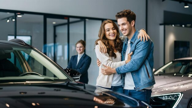 Young couple choosing a car in a car show room