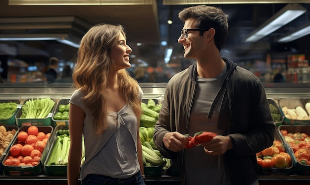 Фото Молодая пара выбирает фрукты и овощи в продуктовом магазине концепция покупок