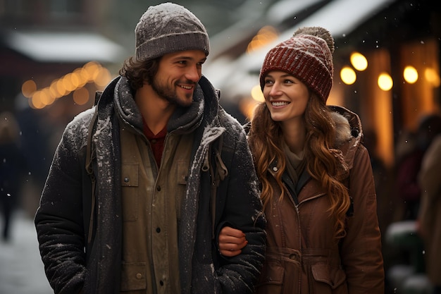 Young couple on christmas market winter weather atmosphere enjoys holiday shopping