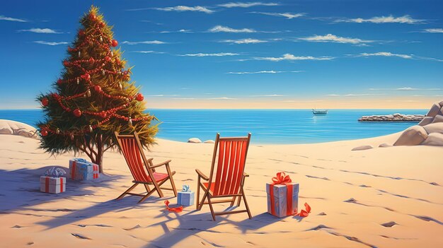 Young couple and christmas tree on beach Generative Ai