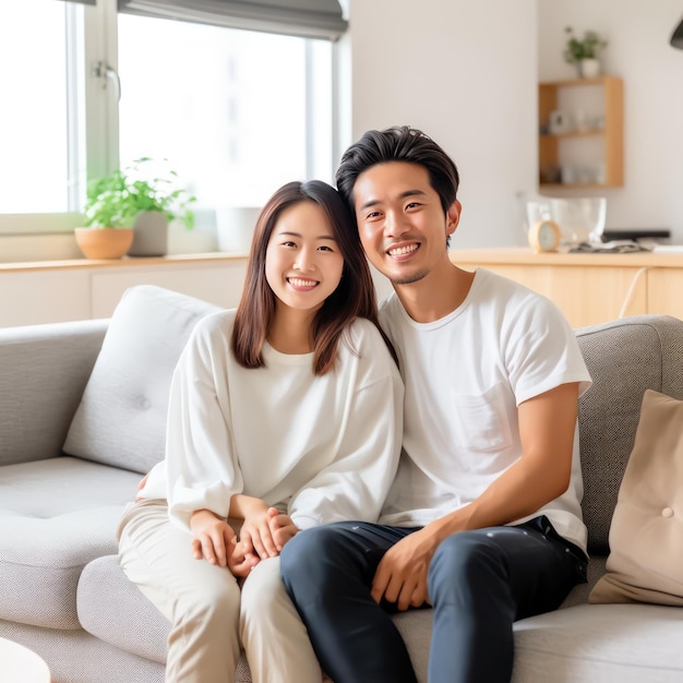 A young couple in a clean and spacious living room real photography