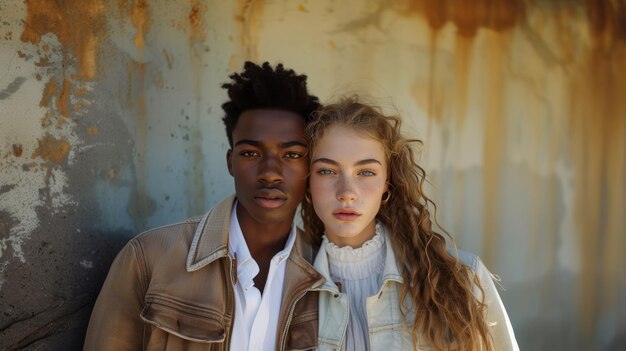 Young Couple in Coordinated Outfits Against Rustic Backdrop