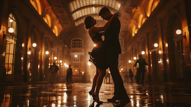 Photo young couple dancing in the rain at night the man is holding the woman in his arms and they are spinning around