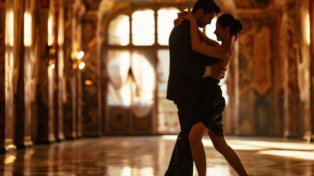 Фото Молодая пара танцует танго посреди большого зала мужчина в черном костюме, а женщина в красном платье.