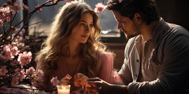 Photo young couple on date sitting at table with candles and drinking champagne with romantic background