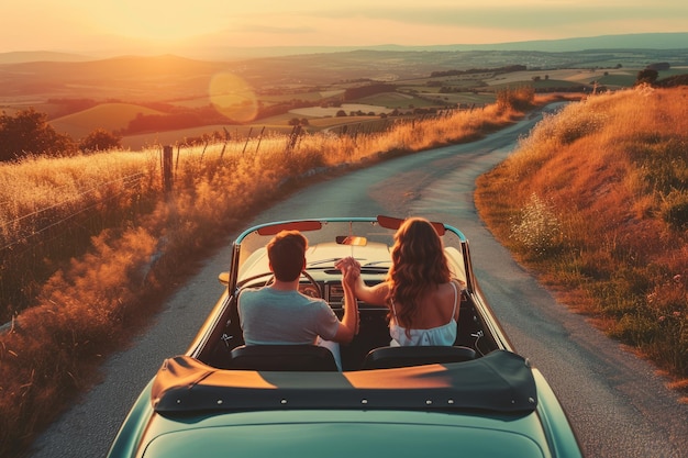 Foto una giovane coppia che guida su una strada di campagna al tramonto