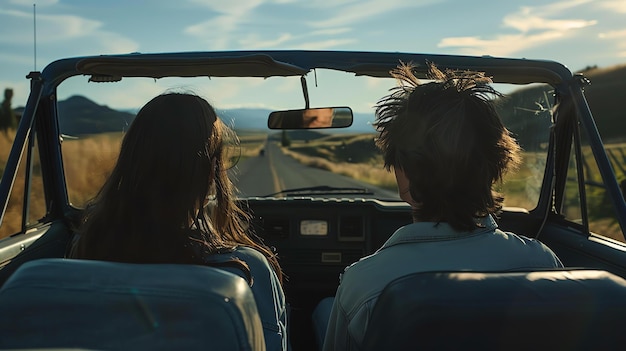 사진 커버리블 을 운전 하는 젊은 부부 가 열린 도로 의 자유 를 즐기고 있다